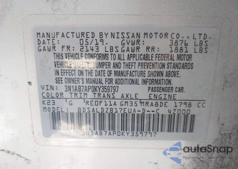 2019 Nissan Sentra Sv z USA, uszkodzony, nr VIN 3N1AB7AP0KY359797